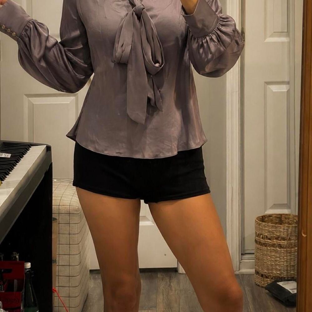 Korean brand Purple tie neck blouse with puffy sleeves Blouse